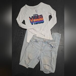 Almost Famous Light Wash Distressed Skinny Jeans And Kidpik Good Vibes Thermal.